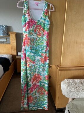 Lilly Pulitzer Vibrant Floral Maxi Dress in Pink, Green & Orange